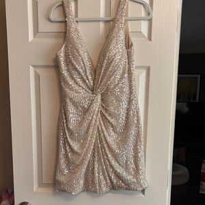 Ieena for Mac Duggal Stunning Sparkling Silver Mini Dress